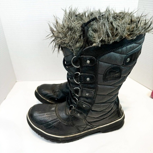 Sorel Tofino II Boots Womens 7 Black Mid Calf Waterproof Snow Faux Fur Lined - Picture 1 of 9
